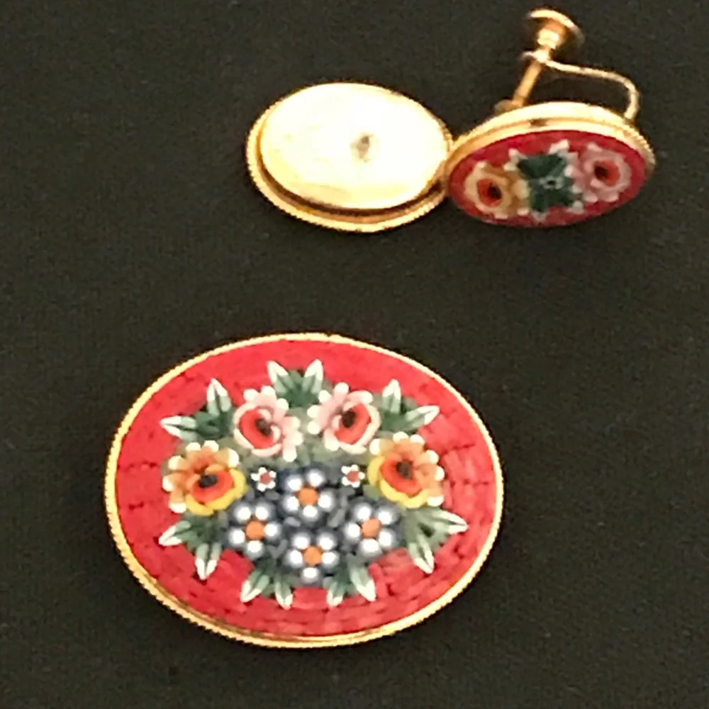 Vintage Red Floral Mosaic Brooch & ER